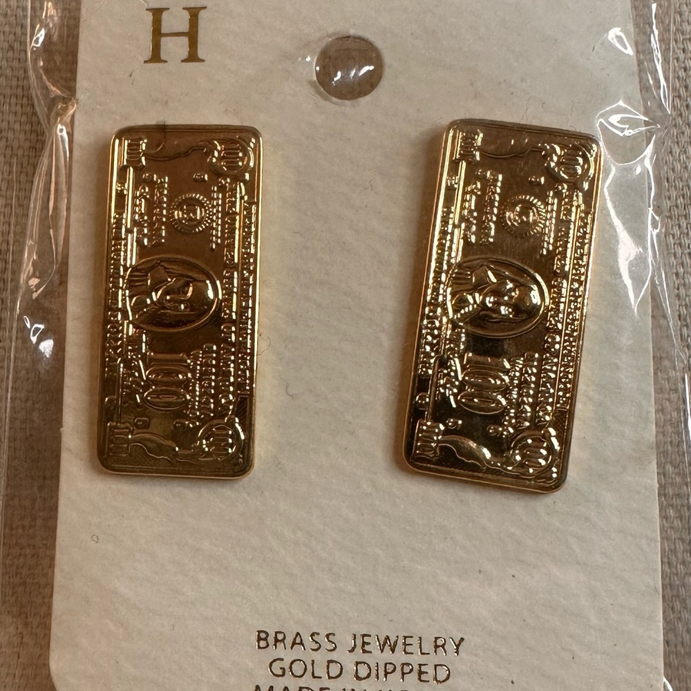 Gold Dipped Brass Bar 💴 Money Earrings